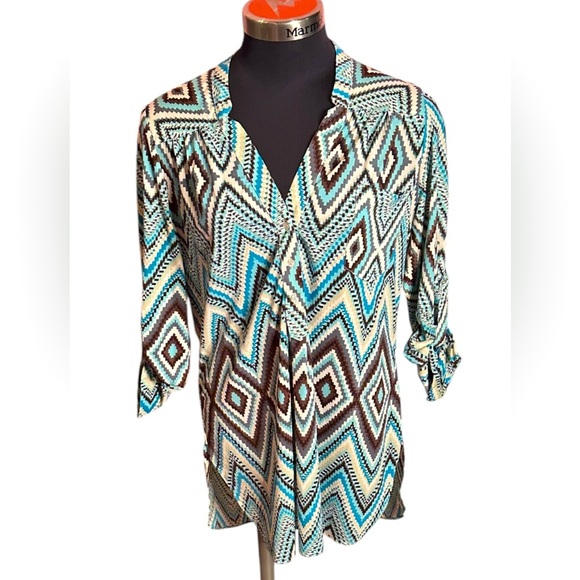 Audrey Ann  Women's Geometric Print Top - Blue and Brown - Picture 1 of 3